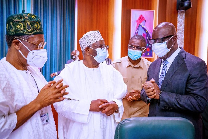 Buhari hosts Obaseki, Shaibu in Aso Villa