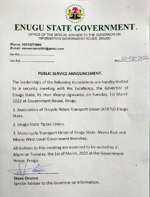 Ugwuanyi invites Enugu State leaders of Tricycle, Tipper, Motorcycle unions to a security meeting