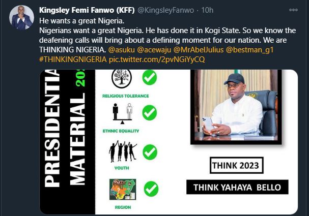 2023 Presidency: Yahaya Bello under pressure to run - Kingsley Fanwo